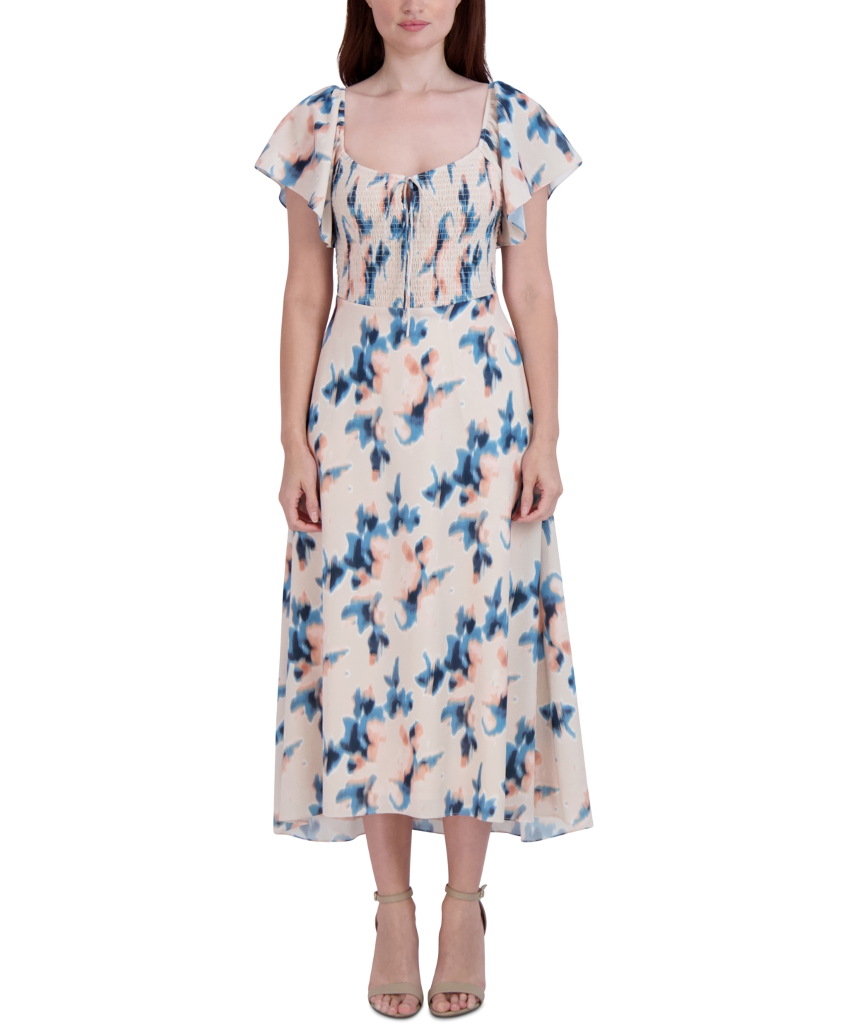 Women's Printed Smocked Flutter-Sleeve Midi Dress - Blurred Floral
