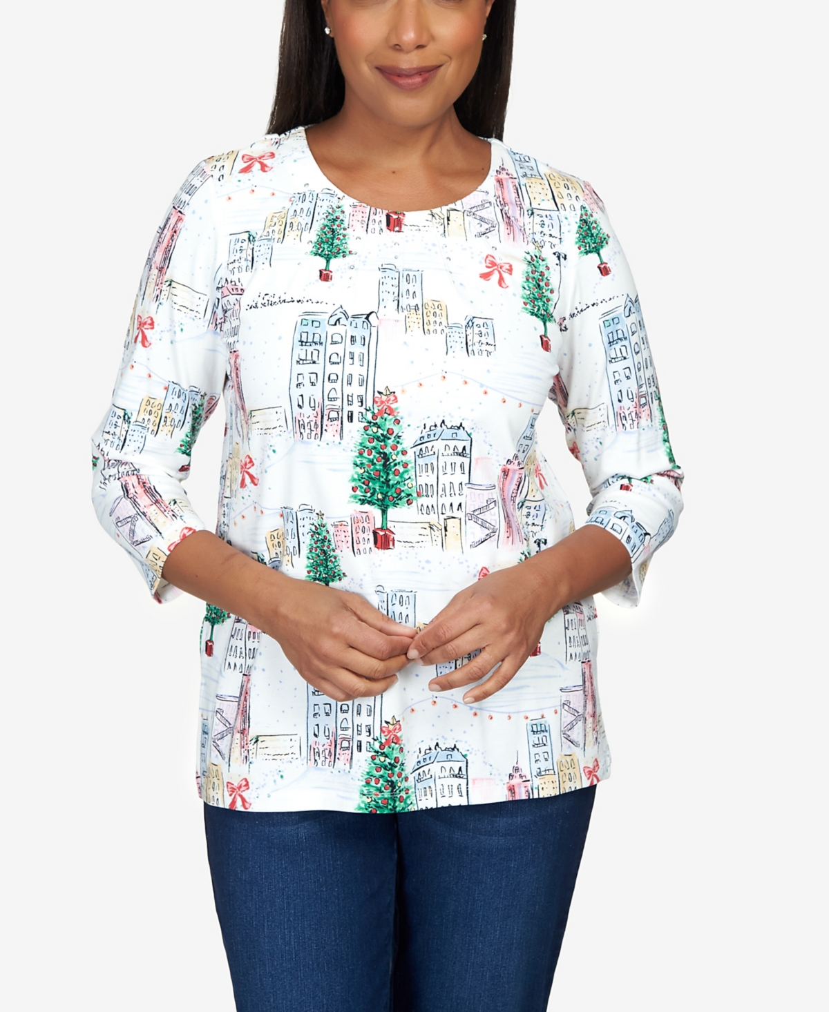 Alfred Dunner Petite Classics Christmas In The City Classic Top In Multi