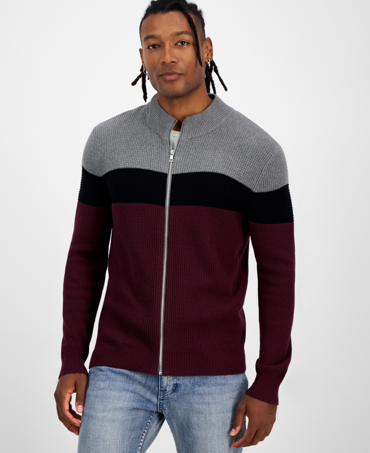 Inc International Concepts Men's Cotton Colorblocked Full-zip Sweater, Created For Macy's In Vintage Wine