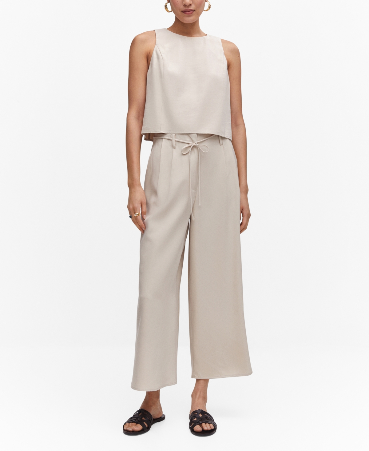 Shop Mango Women's Elastic Waist Detail Wide Leg Pants In Ecru
