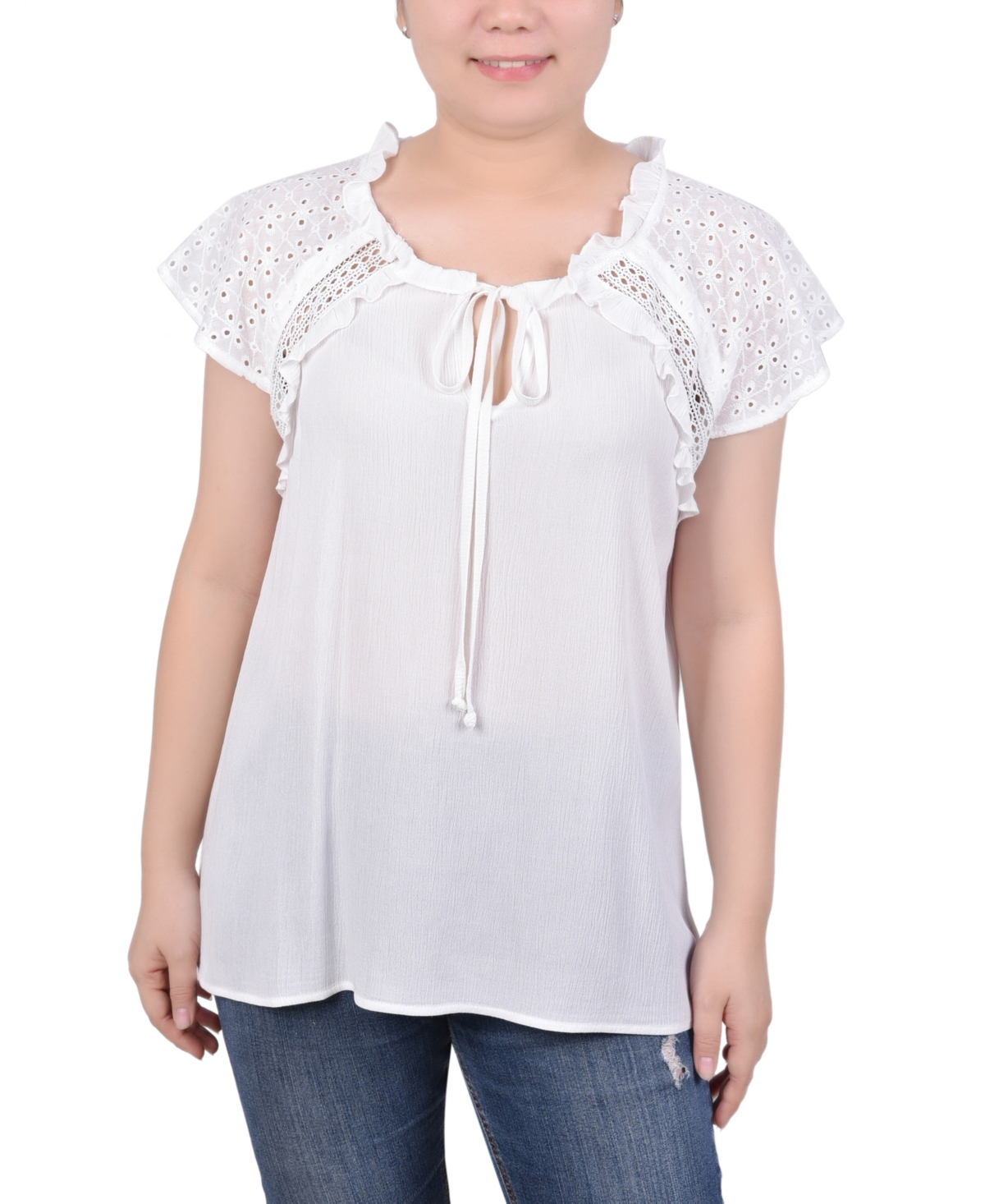 Ny Collection Petite Eyelet Sleeve Blouse In White