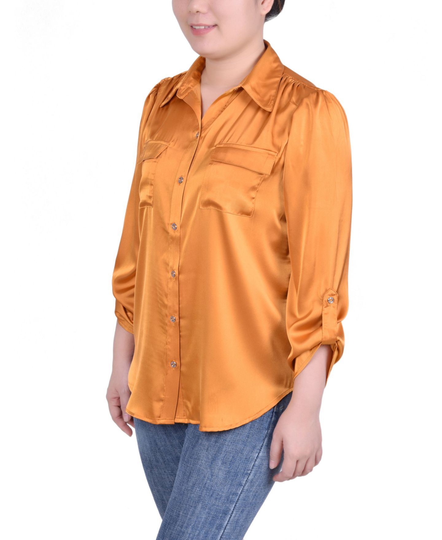 Женская блузка NY Collection Petite Tabbed Long Sleeve Satin, цвет: Золотой — фото 3