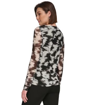 Calvin Klein Women's Printed Twist-Front Asymmetrical Mesh Top