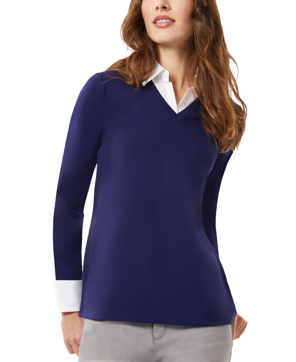 Jones New York Collared Shirt V-neck Sweater Combo Top In Pacific Navy/nyc White
