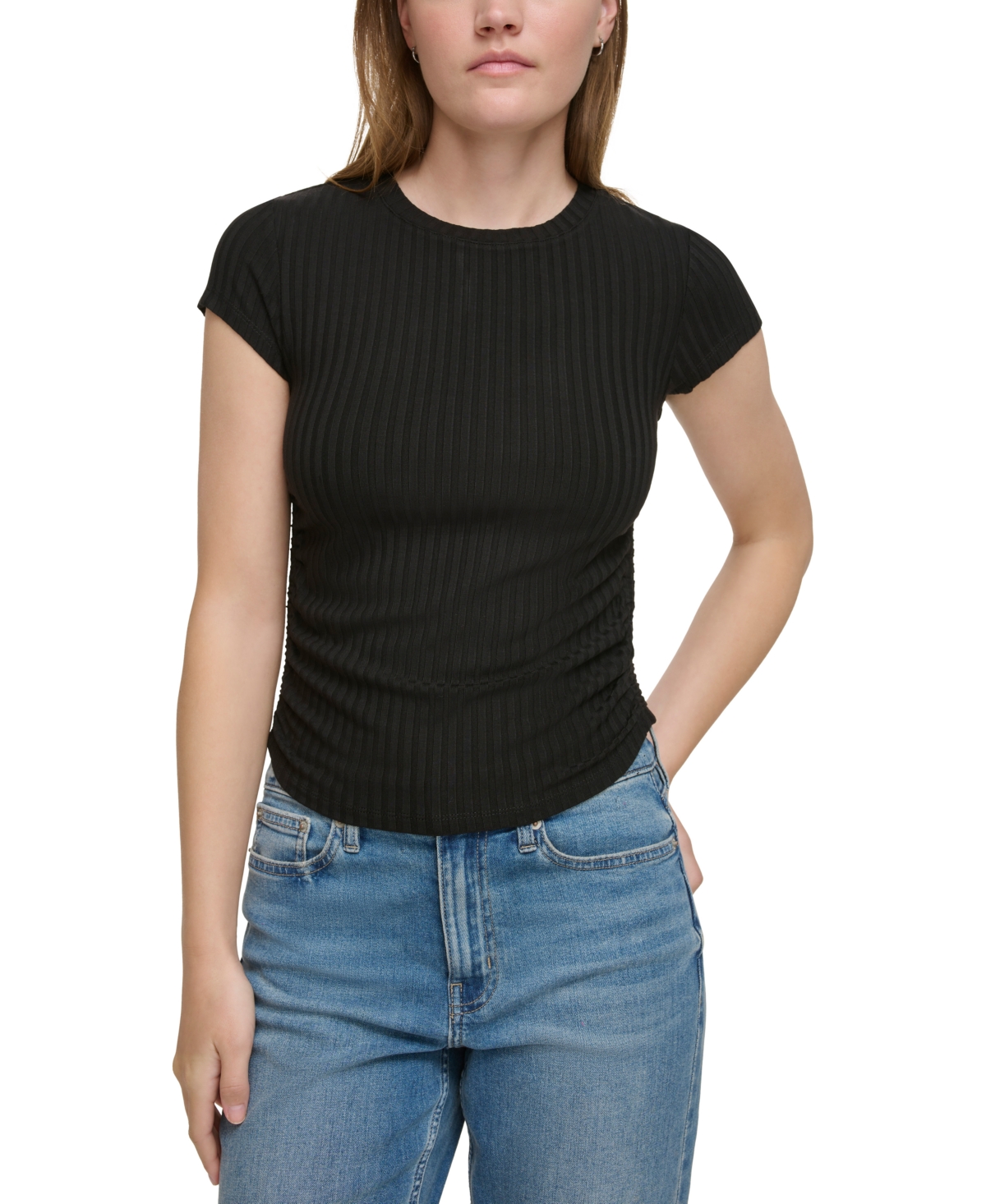 CALVIN KLEIN JEANS EST.1978 WOMEN'S RIBBED RUCHED-SIDE CROPPED TOP