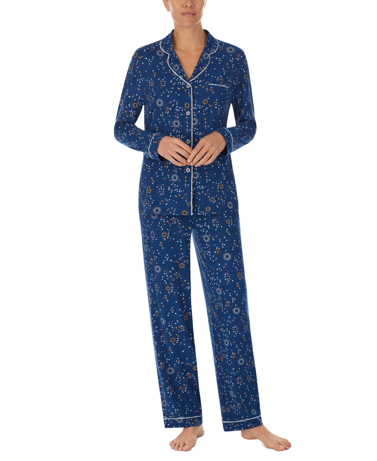 Cuddl Duds Women's Printed Notched-collar Pajamas Set In Navy Celestials