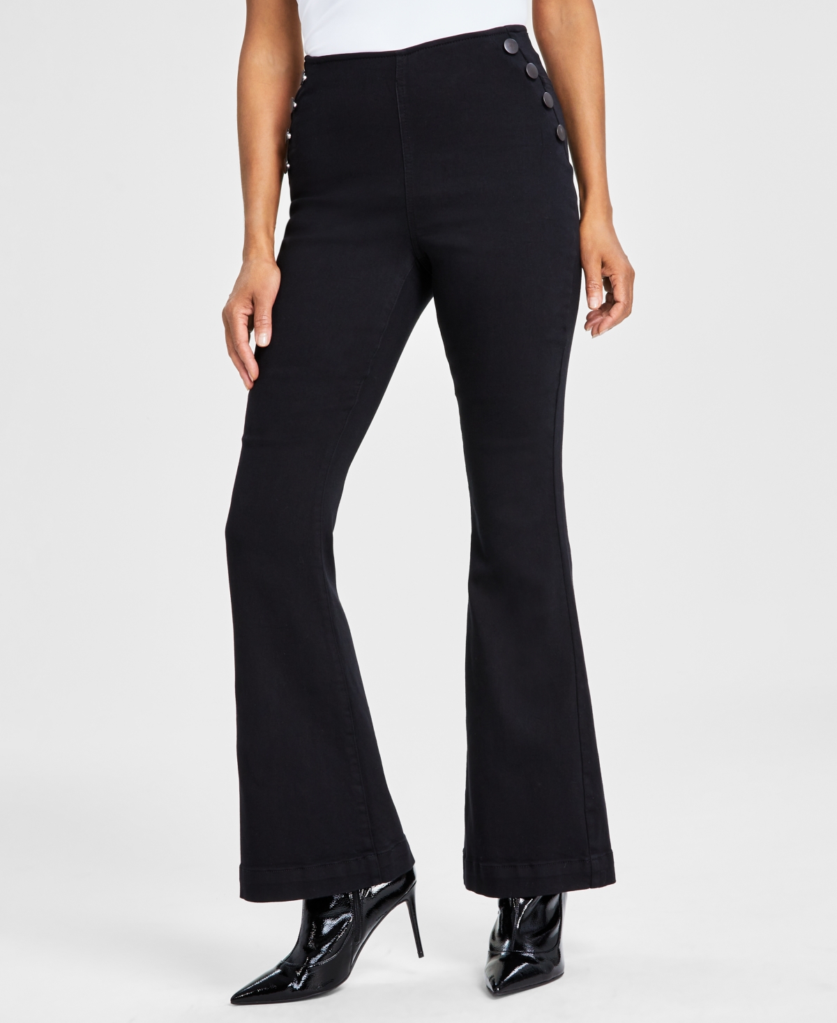 Inc International Concepts Women's Pull-on Sailor-button Flare Jeans, Created For Macy's In Deep Black Wash