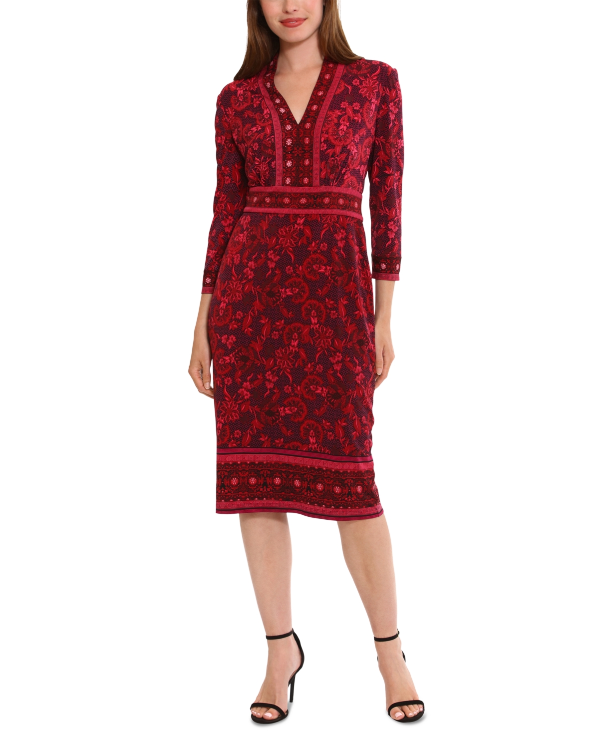 Women's Placed Print 3/4-Sleeve Jersey Sheath Dress - Wine/red