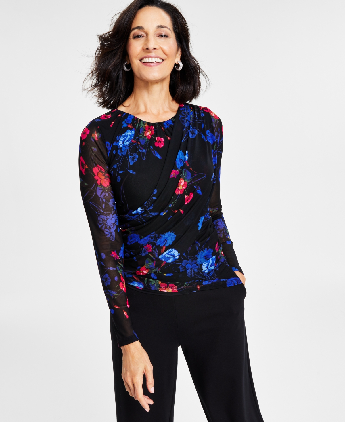 I.n.c. International Concepts Women's Printed Mesh-Sleeve Draped Top, Created for Macy's