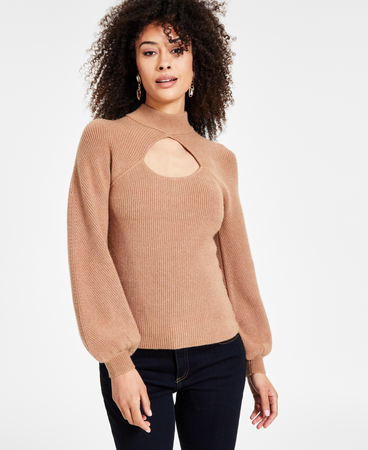 Inc International Concepts Women's Mock Neck Cutout Blouson-sleeve Sweater, Created For Macy's In Hazelnut Heather
