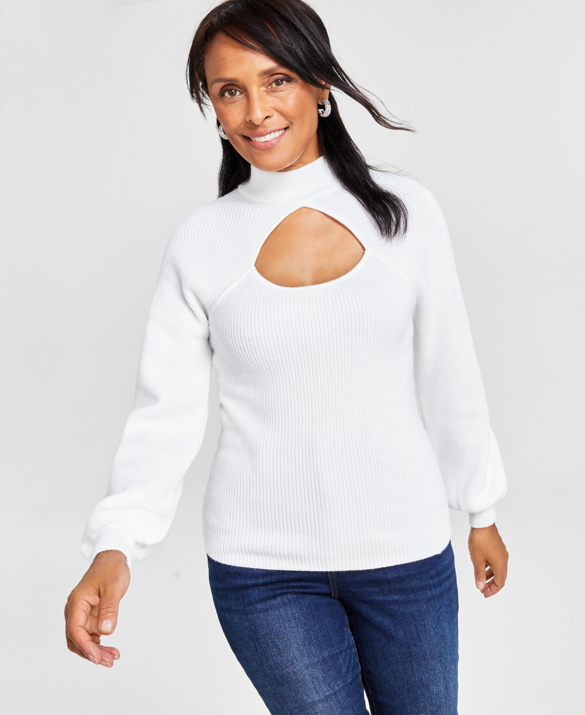 Inc International Concepts Women's Mock Neck Cutout Blouson-sleeve Sweater, Created For Macy's In Washed White