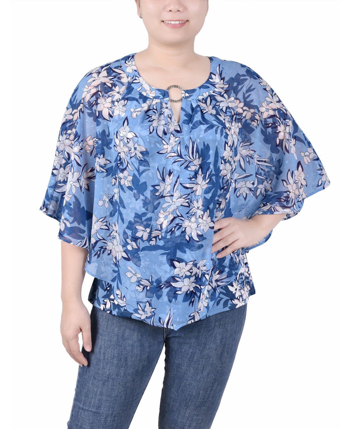Women's Chiffon Poncho Top with Ring - Light Blue White Floral