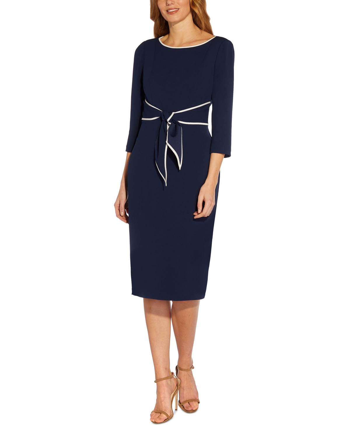 Women's Tipped Tie-Front 3/4-Sleeve Dress - Navy Sateen/Ivory