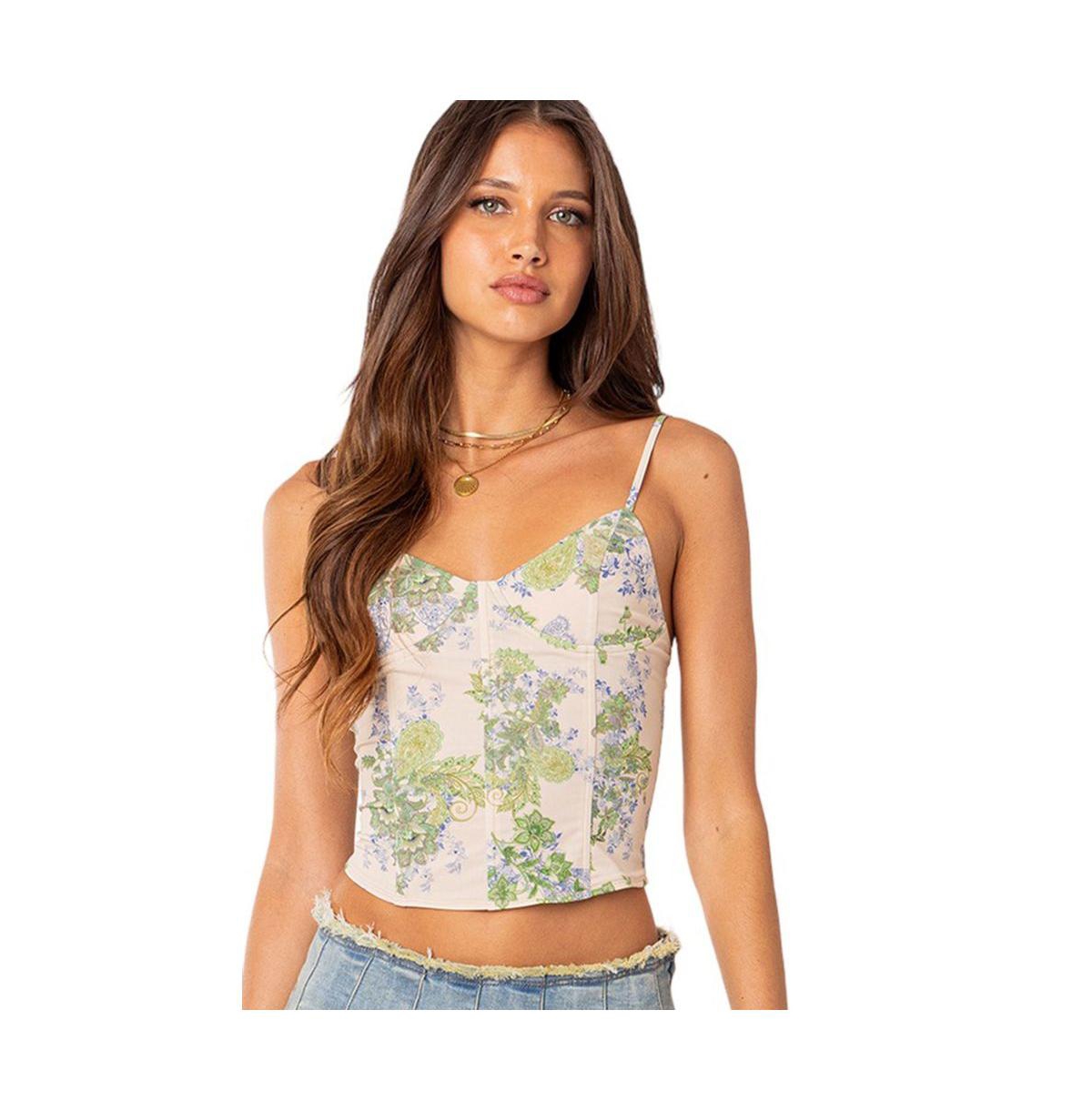 Women's Garden Party Printed Mesh Corset Top - Green-and-cream