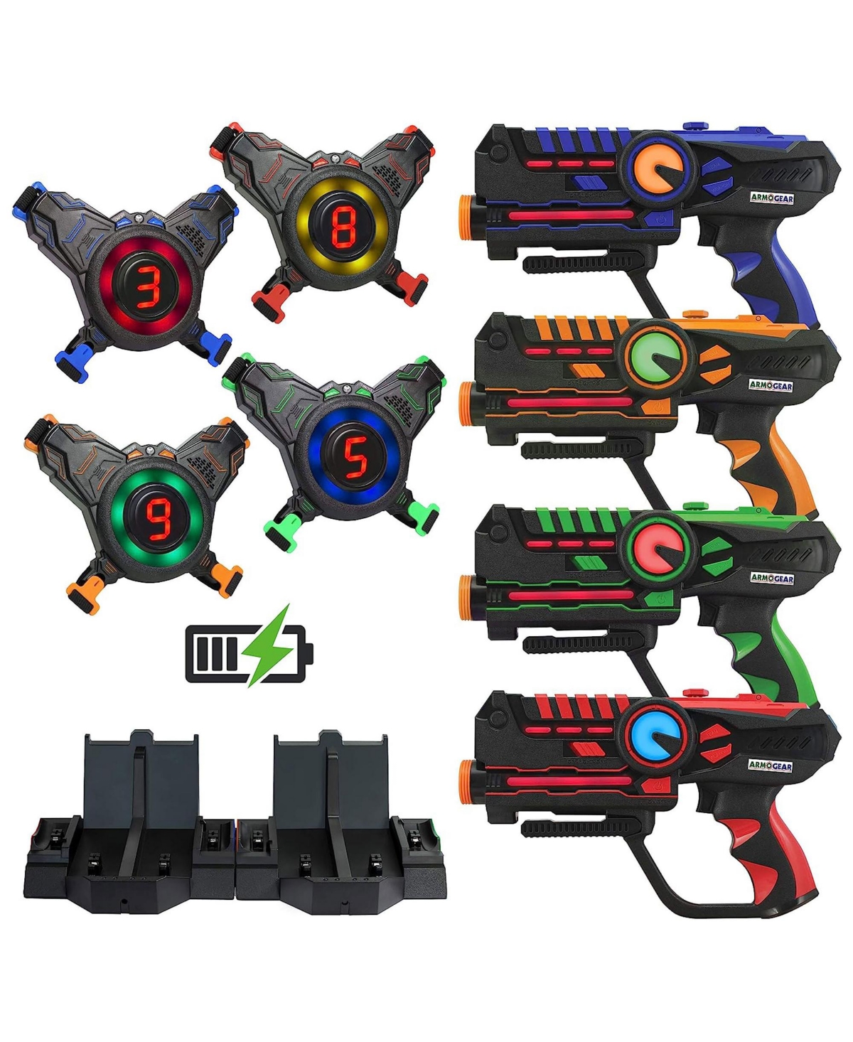 ArmoGear Rechargeable Laser Tag Guns Set of 4 and Vests Set of 4 Digital Led Score Display Vests Lazer Tag Gun Set 4 Player Arcade Gifts for Boys, Girls, Teens & Adults Ages 8-12 Years & Older