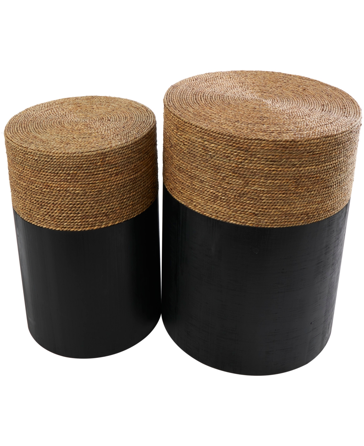 Rosemary Lane 20" And 18" Wood Handmade Color Block Wrapped With Dried Plant Tabletops Accent Table, Set Of 2 In Black