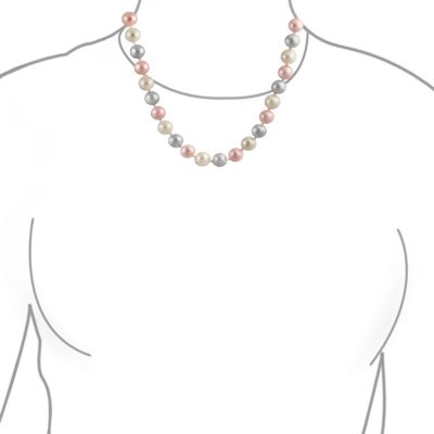 Classic Smooth 10MM Pale Pink White Grey Tri Multi Color Hand Knotted Simulated Pearl Strand Necklace 18 Inches
