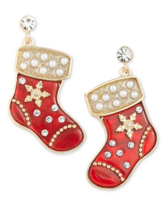 Holiday Lane - Gold-Tone Pav&eacute; & Imitation Pearl Stocking Drop Earrings