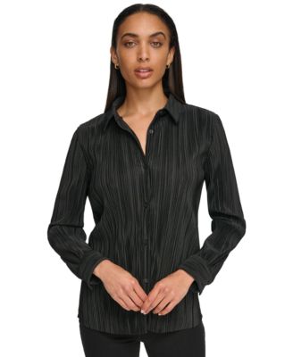 Calvin Klein - Women's Plisse Long-Sleeve Button Down Shirt