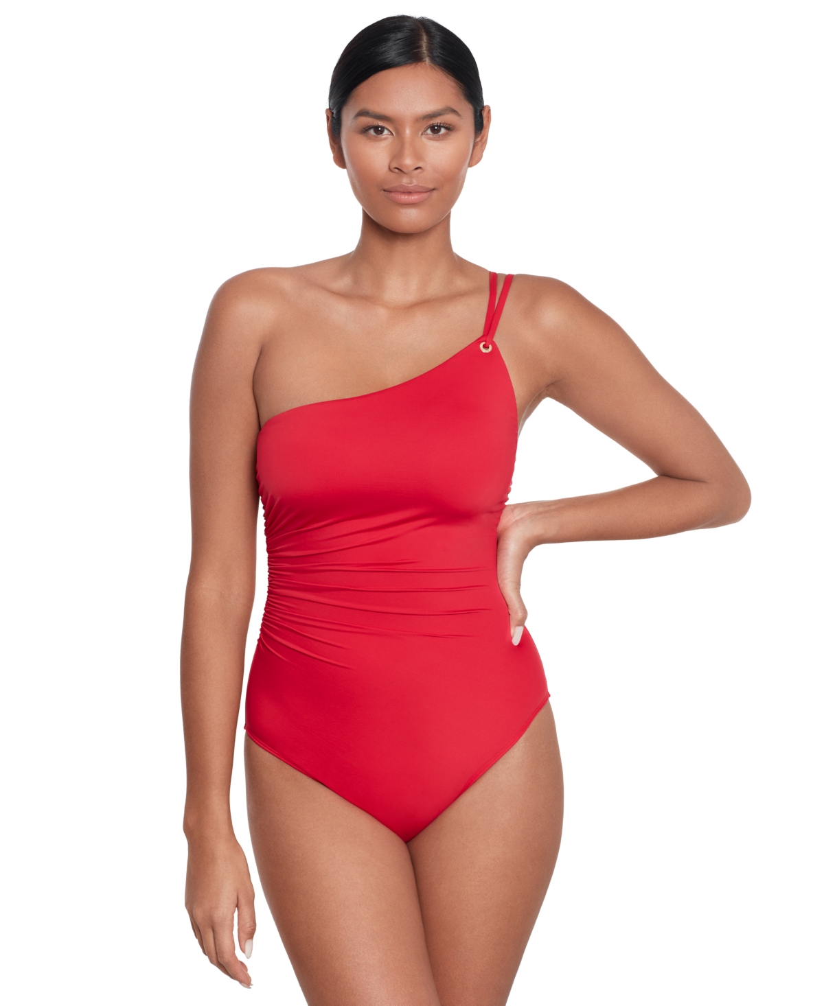 Lauren Ralph Lauren Women's Double-strap One-shoulder Swimsuit In Red