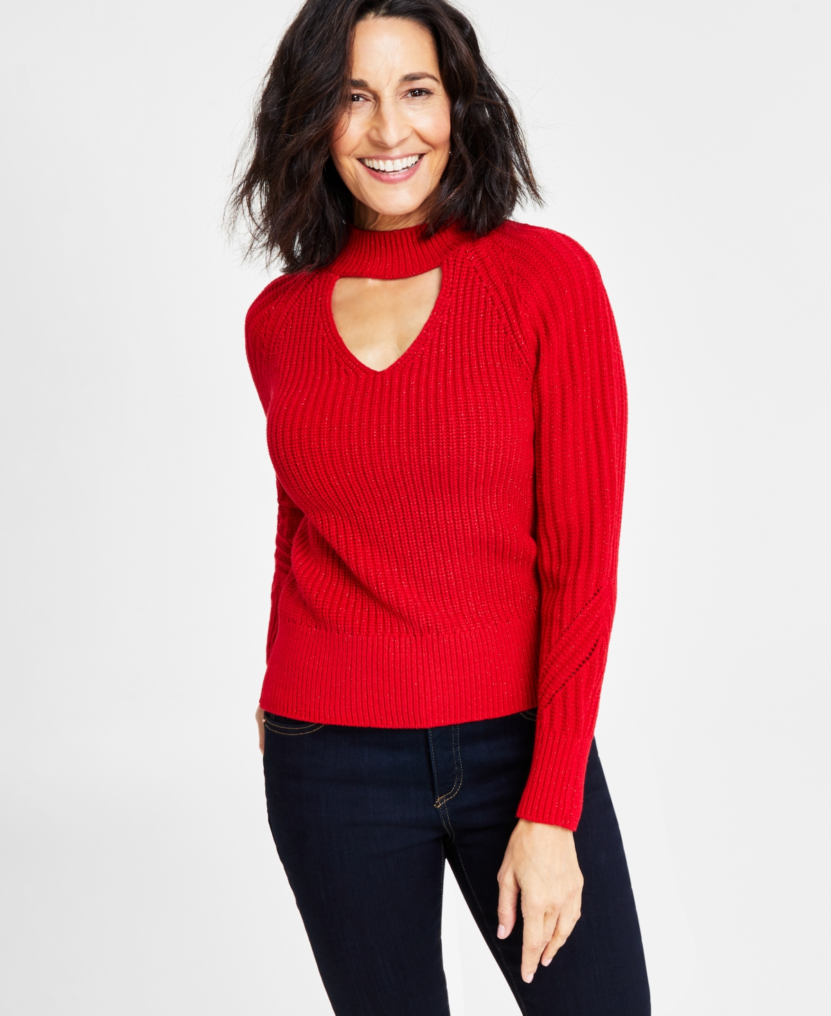 Inc International Concepts Women's Ribbed Keyhole Cutout Sweater, Created For Macy's In Red Zenith