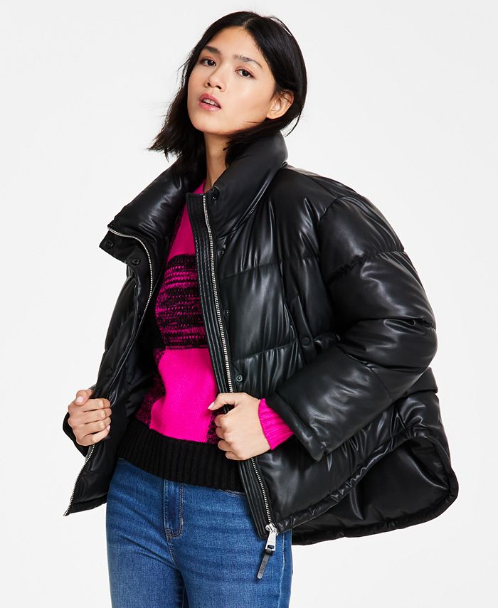 DKNY Jeans Women's Faux-Leather High-Low Hem Puffer Jacket - Macy's
