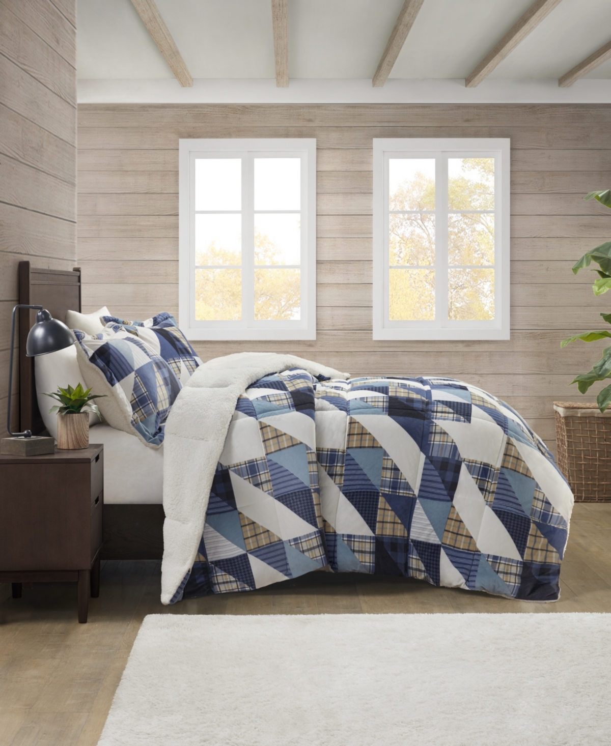 Premier Comfort Reversible Velvet To Sherpa Comforter Set, King In Blue Houndstooth