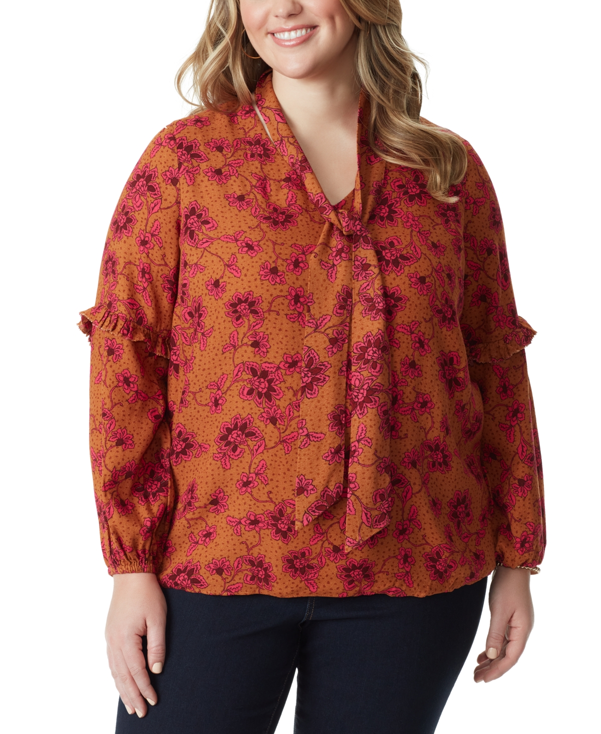 Jessica Simpson Trendy Plus Size Printed Tie-neck Top In Glazed Ginger - Botanical Pebbles