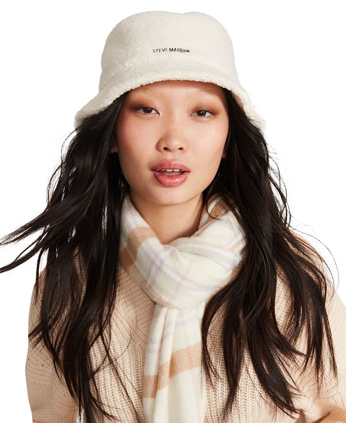 Steve Madden Sherpa Bucket Hat with Satin Lining and Embroidered