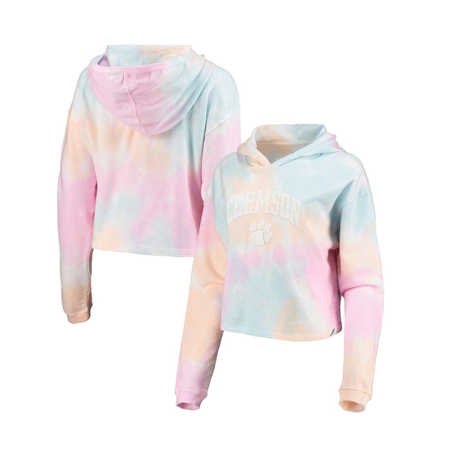 Женское худи League Collegiate Wear Pink, White Clemson Tigers Tie-Dye Cropped Pullover — фото 2