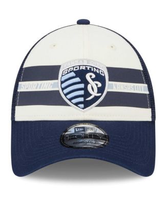 Men's White, Navy Sporting Kansas City Team Stripes 9FORTY Trucker Snapback Hat