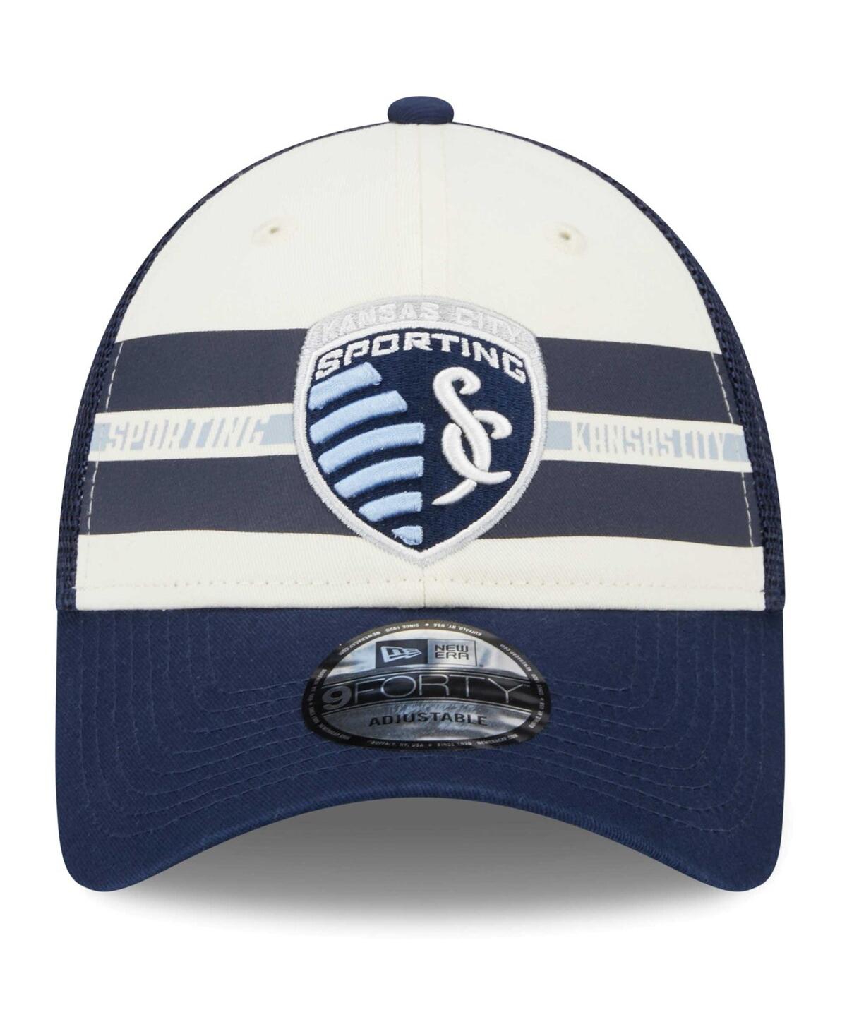 New Era Men's  White, Navy Sporting Kansas City Team Stripes 9forty Trucker Snapback Hat In White,navy