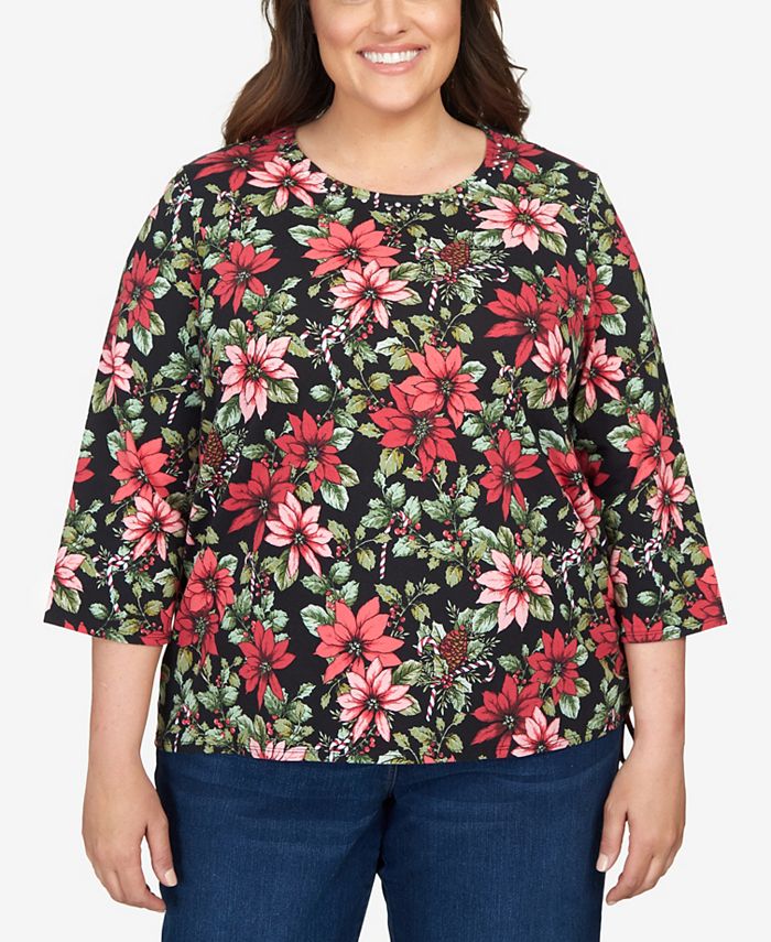 Alfred Dunner Plus Size Classics Poinsettia and Candy Canes Crew Neck