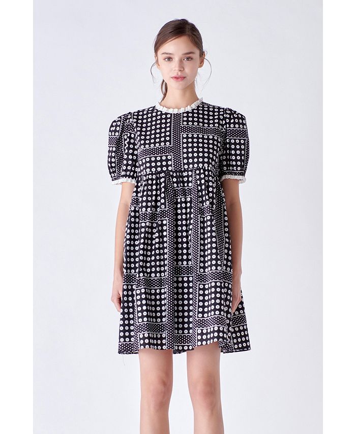 English Factory Women's Printed Puff Sleeve Babydoll Mini Dress - Macy's