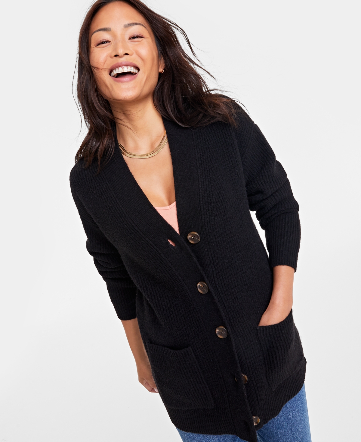 On 34th Women's Long Patch Pocket Cardigan, Created For Macy's In Deep Black