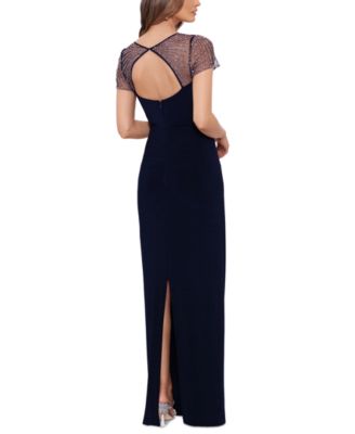 Betsy & Adam Petite Short Sleeve Mesh Gown