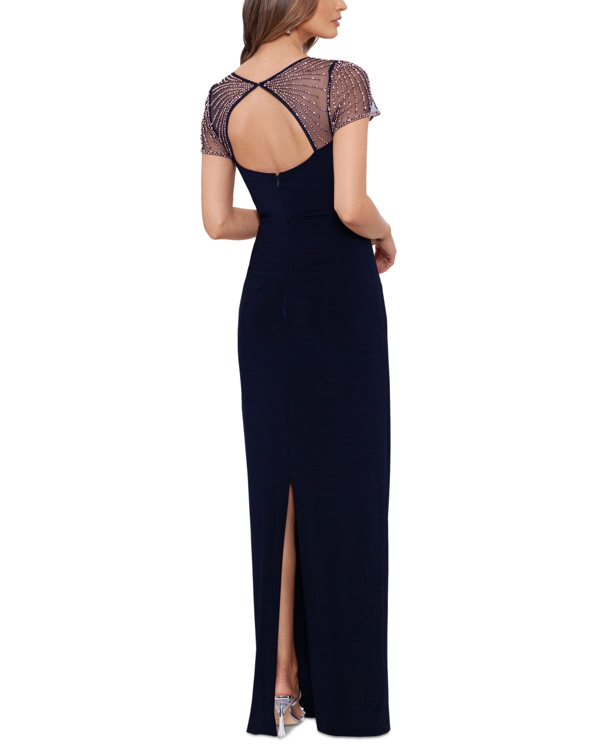 Betsy & Adam Petite Short Sleeve Mesh Gown