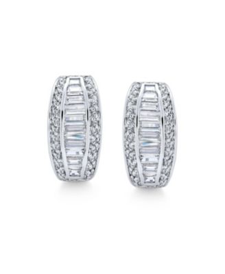 Statement CZ Baguette Half Hoop Earrings Prom Holiday Party Pierced Ear Stabilizing Omega Clip Back Rhodium Plated Brass