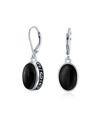 Boho Western Style Natural Stone Oval Lever Back Drop Dangle Earrings .925 Sterling Silver