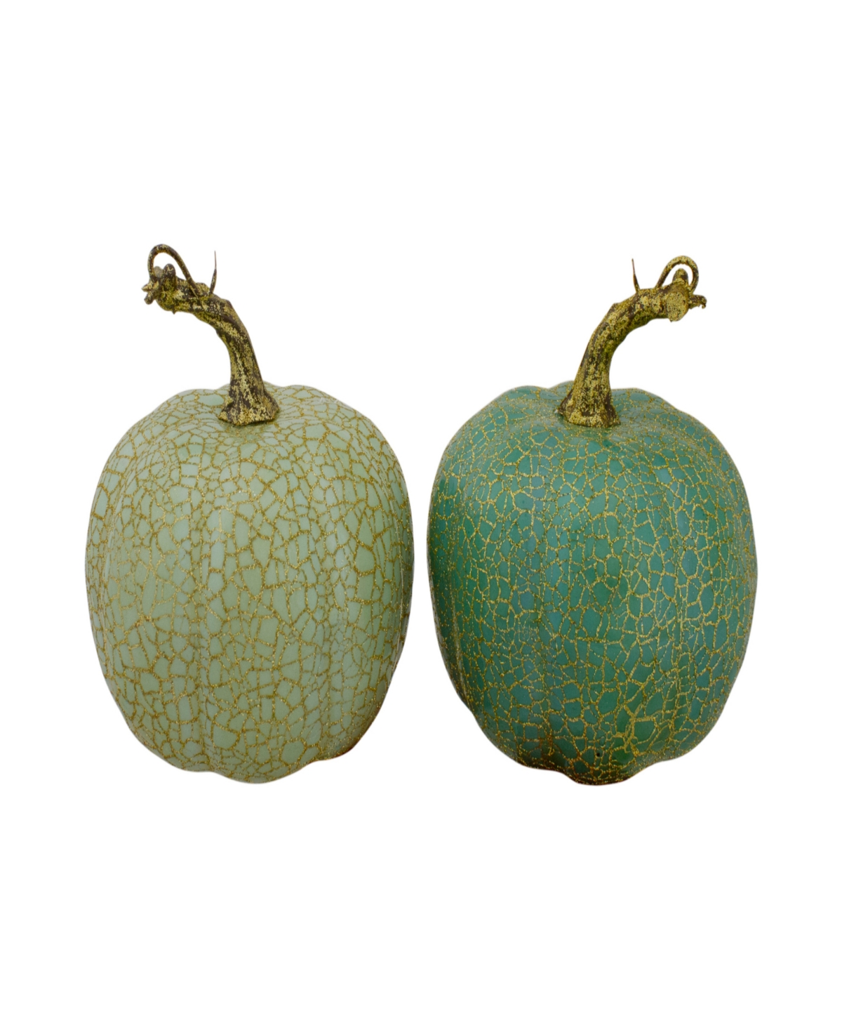 Set of 2 Green and Gold-Tone Crackle Fall Harvest Tabletop Thanksgiving Pumpkins 5" - Green