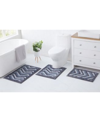 3 Piece Ultra Soft Non Slip Shaggy Bath Rug - Chevron Design - Small, Large & Contour