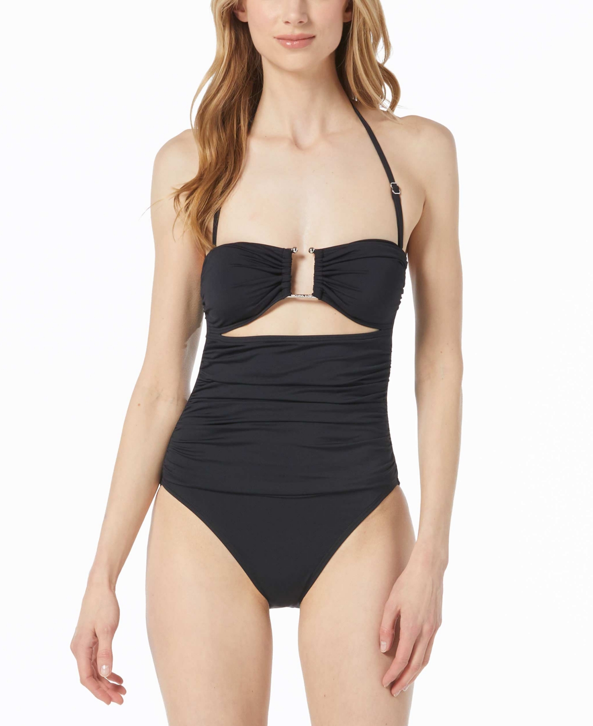 Michael Kors Michael  Women's One-shoulder Shirred Cutout One-piece Swimsuit In Black