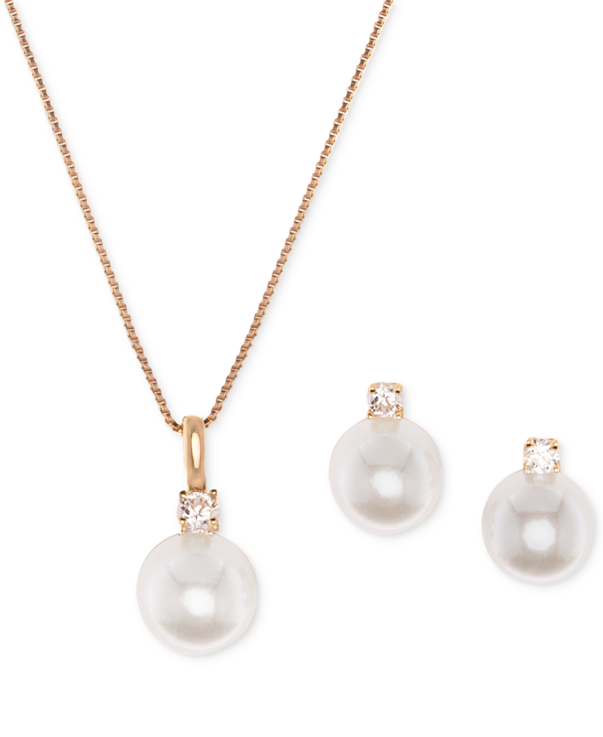 Macy's 2-pc. Set Cultured Freshwater Pearl (7-1/2 & 8-1/2mm) & Cubic Zirconia Pendant Necklace & Matching S In Gold