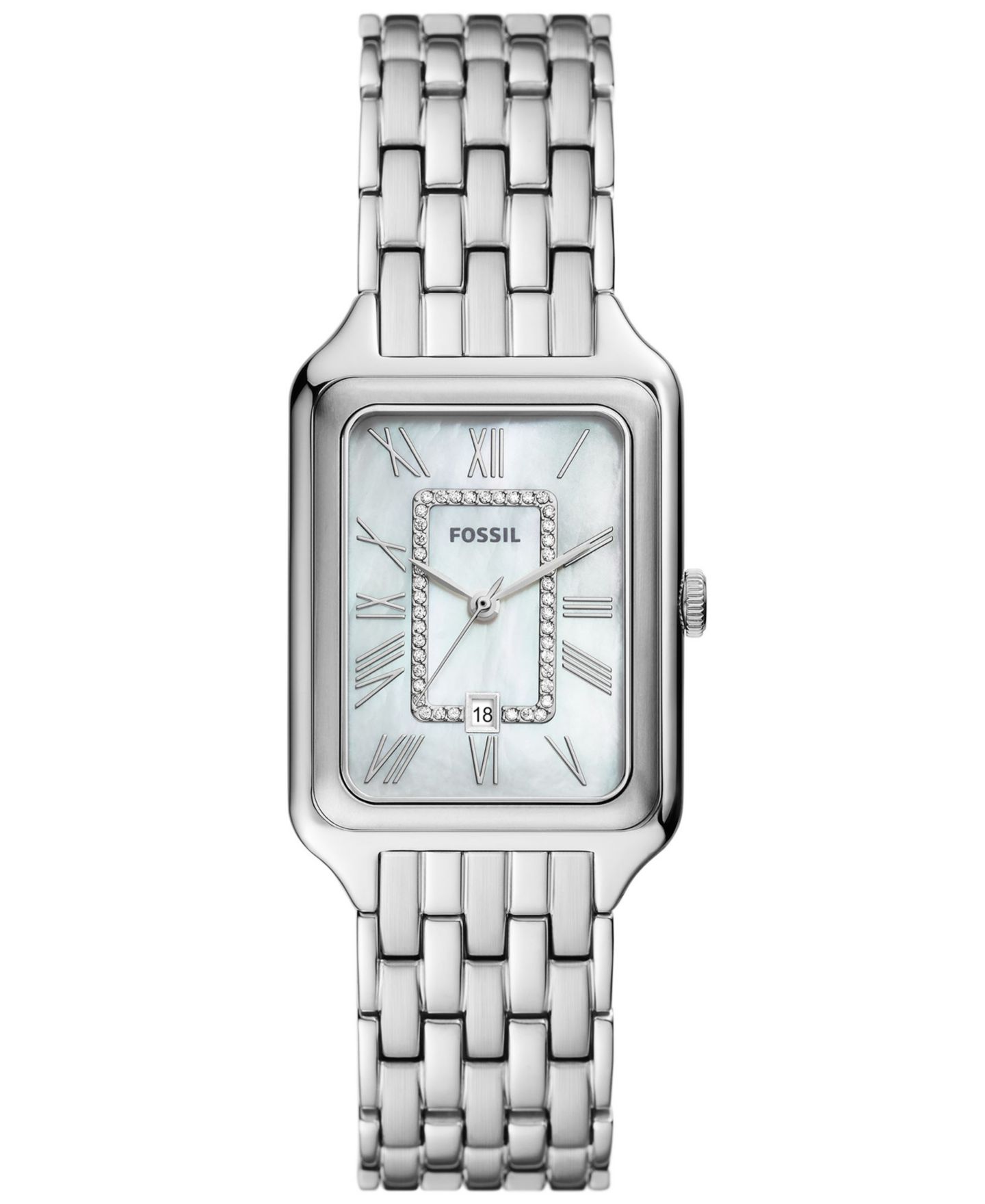 Женские часы Fossil Raquel Three-Hand Date Silver-Tone Stainless Steel, 26mm — фото 1