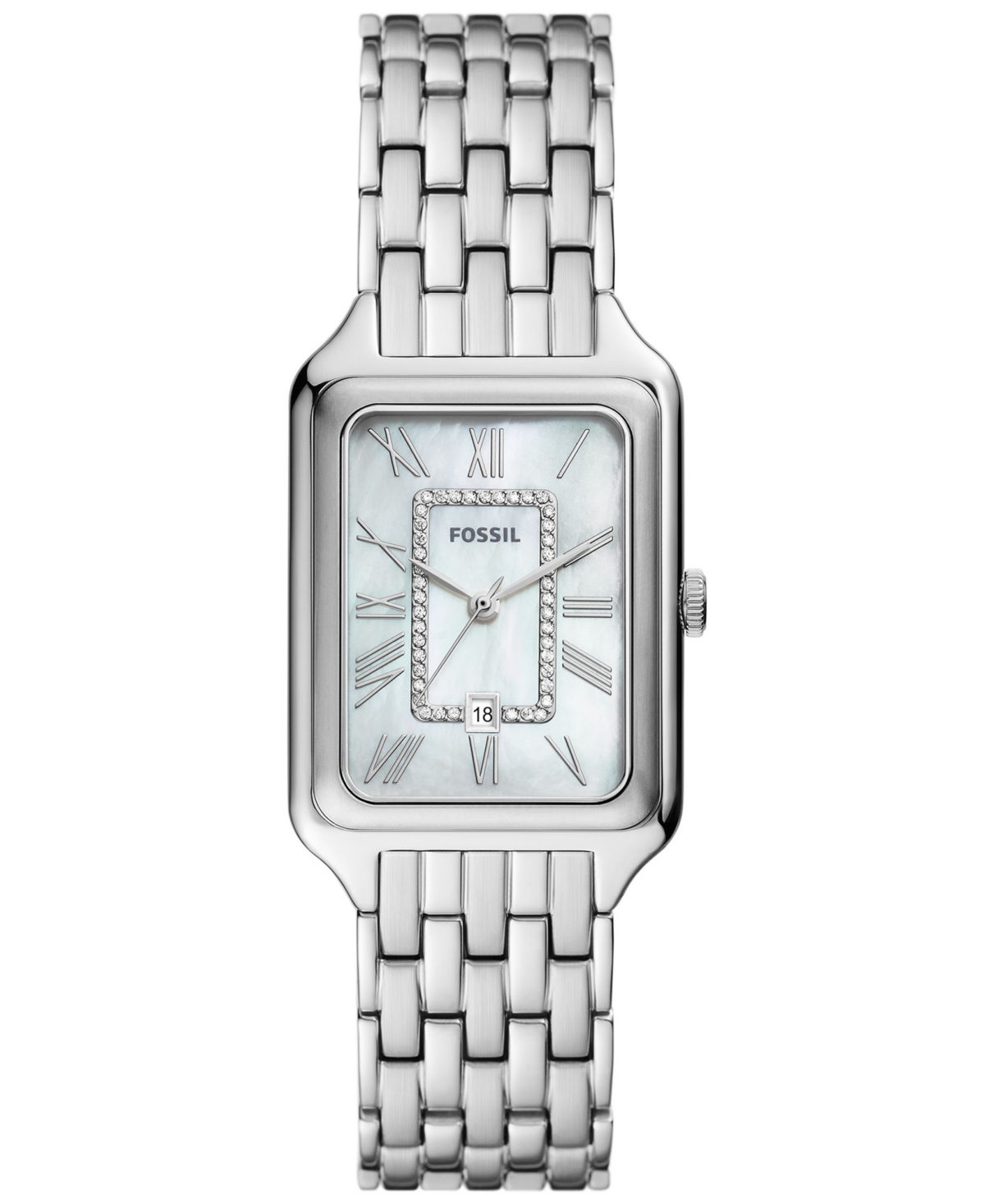 Shop Fossil Women's Raquel Three-hand Date Silver-tone Stainless Steel Watch, 26mm