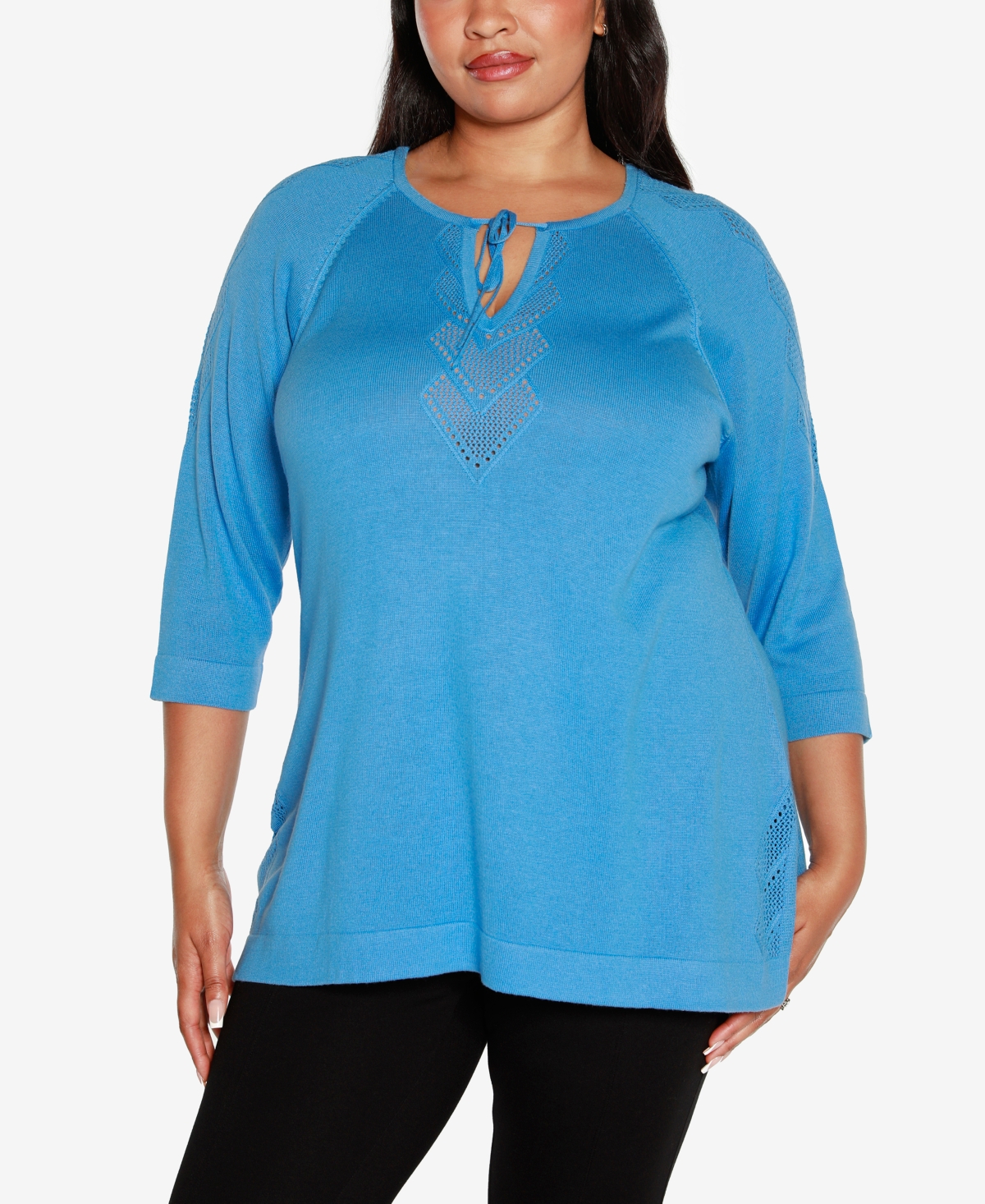 Plus Size Raglan Sleeve Pointelle Sweater - Blue Moon