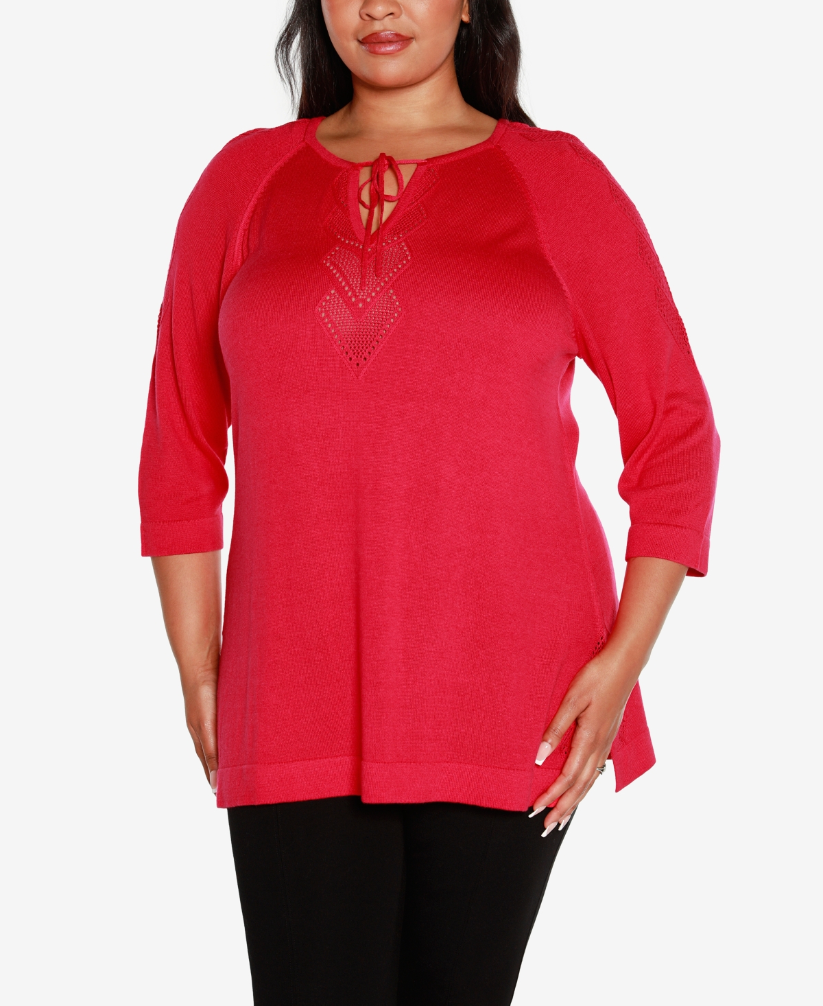 Belldini Plus Size Raglan Sleeve Pointelle Sweater In Azalea