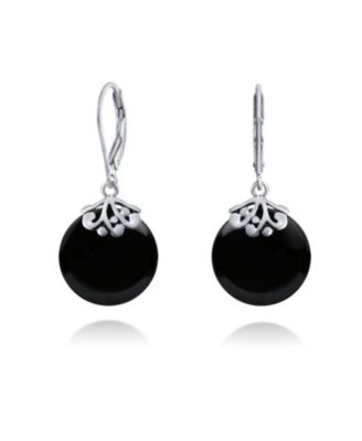 Lever Back Natural Black Onyx Flat Round Circle Disc Dangle Drops Earrings .925 Sterling Silver