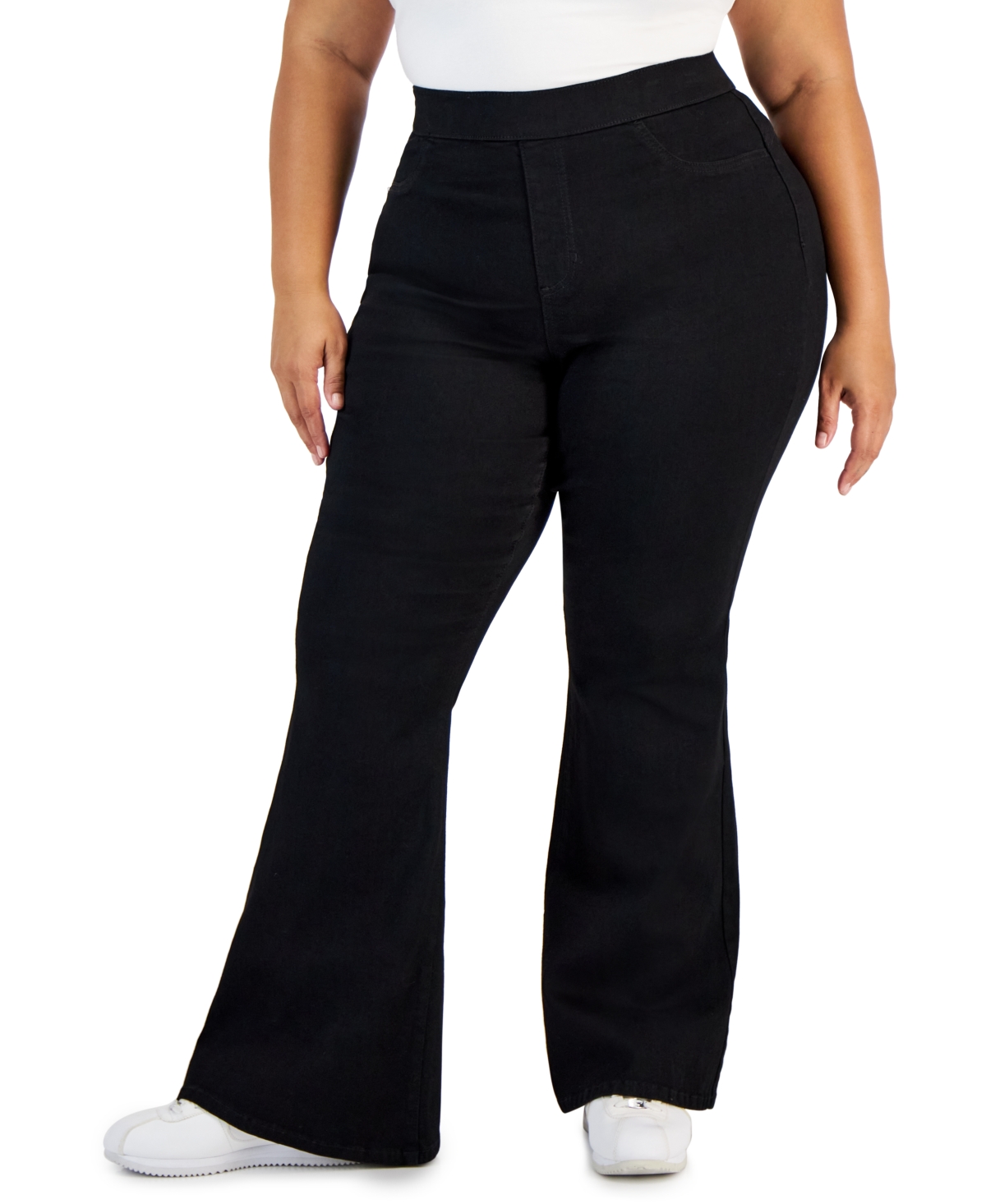 Shop Celebrity Pink Trendy Plus Size Curvy Pull-on Flare-leg Jeans In Black Rinse