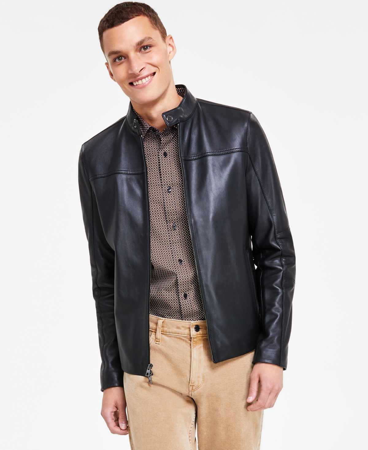 Michael Kors Men's Leather Racer Jacket, Created For Macy's In Black
